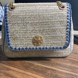 Tory Burch Woven Shoulder Bag with Blue Trim